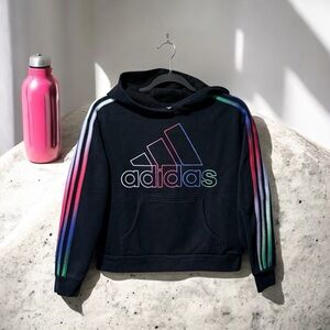 Adidas Black Hoodie with Colourful Logo & Stripes